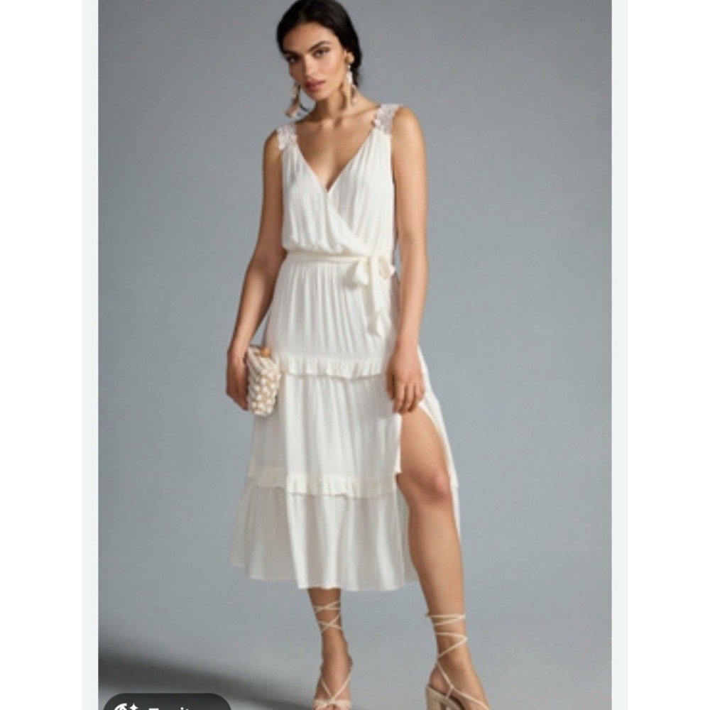 Paige Womens Ivory Riviera Lace Strap V-Neck Tiered Midi Dress Size XS Side Slit